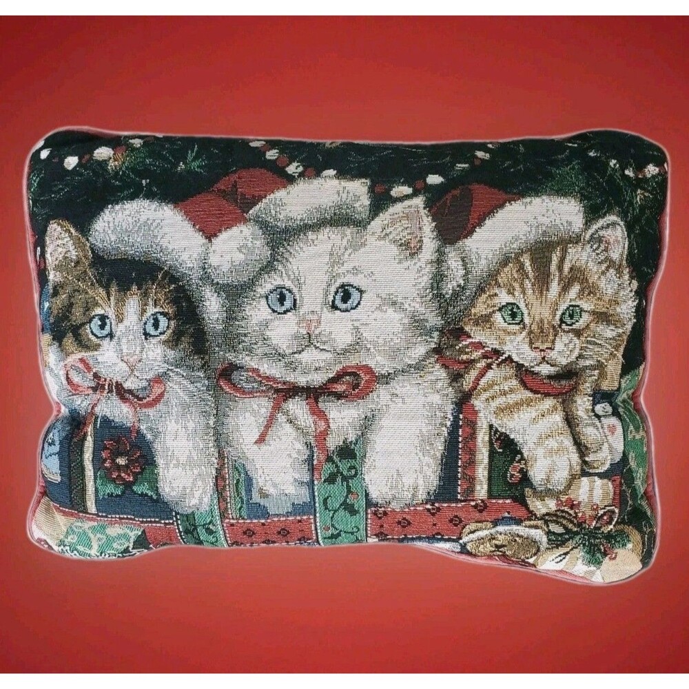 Tapestry 3 Kitten Cats Christmas Holiday Throw Pillow 16 x 12 Santa Kitties Red